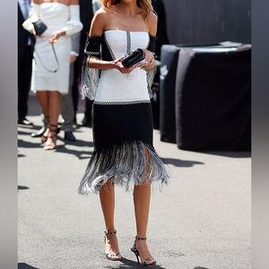 Alexis Antoinette Embroidered Fringed‎ Midi Dress Black/White Small